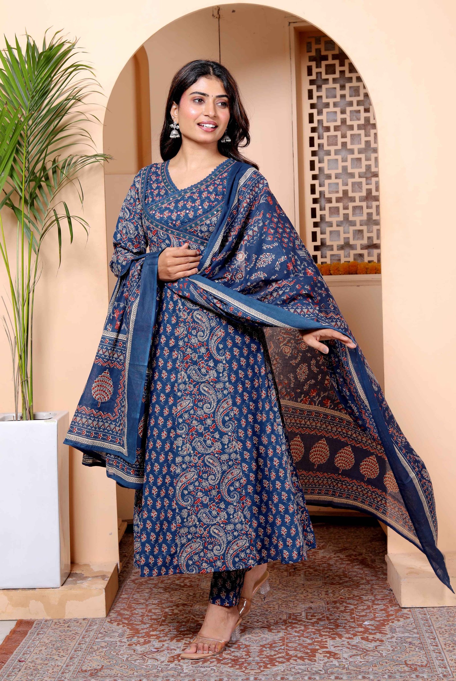 Blue paisley print Flare Anarkali   Set